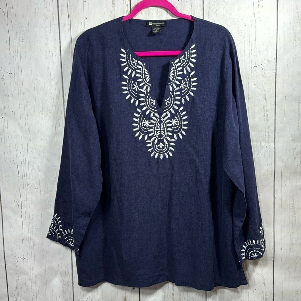 Valerie Bertinelli Navy Embroidered Tunic Top Boho Linen Blend 2X Coastal